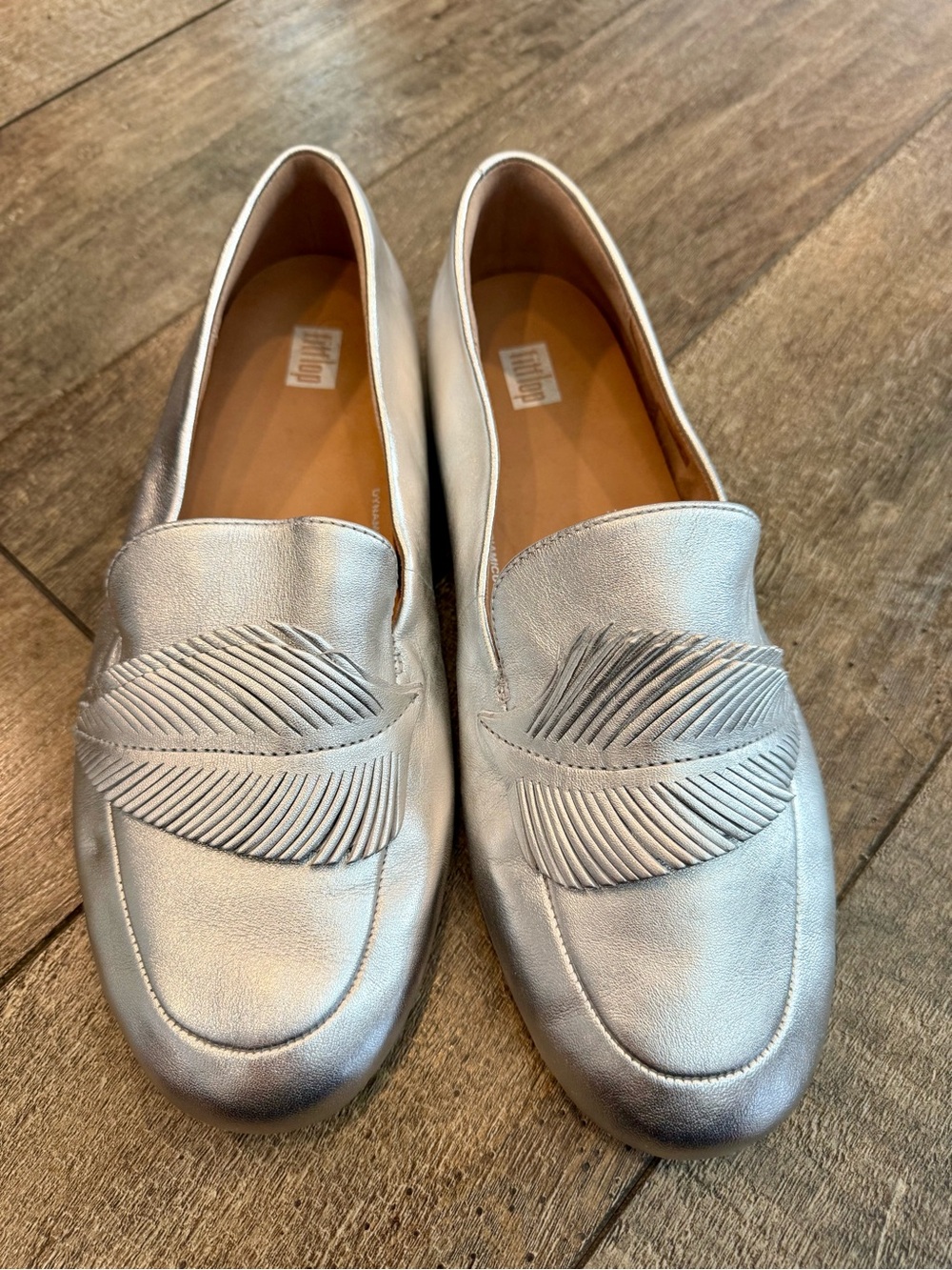 FitFlop Silver Metallic Loafers with Leaf Accent